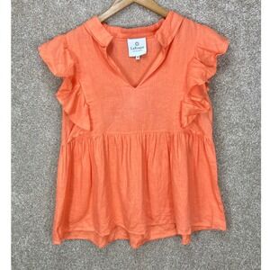LaRoque Ruffle 100% Linen Blouse Womens Sz M Orange Coastal Lagenlook Minimalist